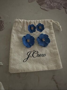 J. Crew Royal Blue Layered Flower Drop Earrings with Gold Centers